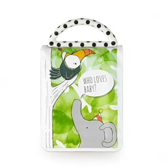 Colorful baby book with elephant and toucan illustration.