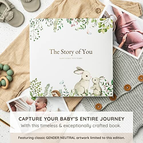 Baby memory book with animal illustrations and photos.