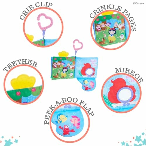 Colorful baby soft activity toy with crib clip, crinkle pages, teether, mirror, and peek-a-boo flap.