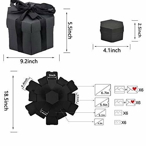 Black explosion gift box with dimensions and compartments.