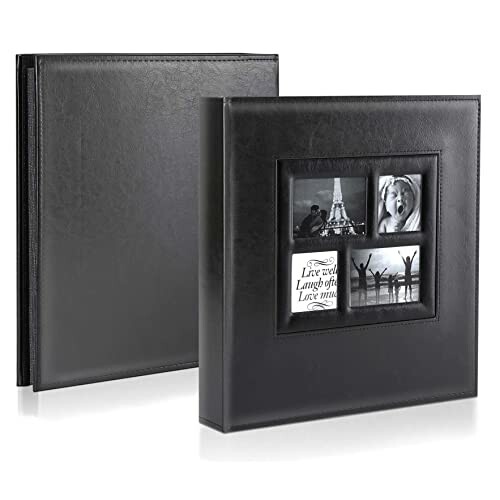 Black leather photo album with picture collage on cover.