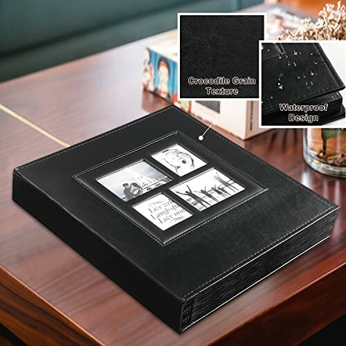 Black leather photo album with crocodile grain texture and waterproof design.