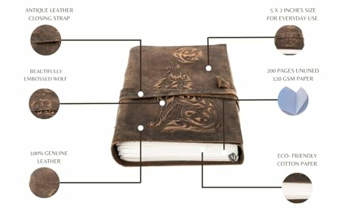 Brown leather journal with wolf design and features highlighted.