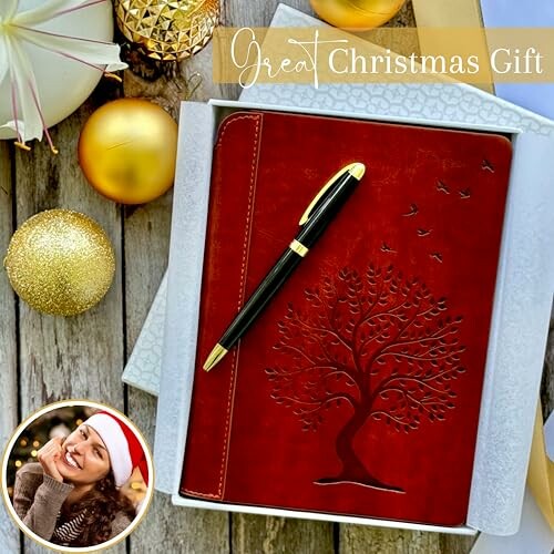 Leather journal with pen, Christmas gift theme