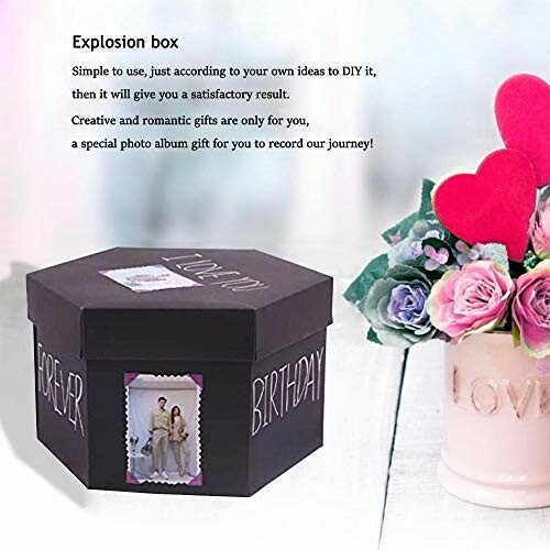 Hexagonal explosion box gift with flowers and hearts.