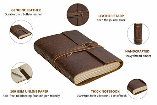 Genuine leather handcrafted notebook with strap, unlined paper, and thick design.