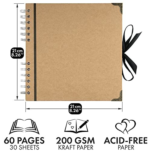 Kraft paper scrapbook with dimensions and features.