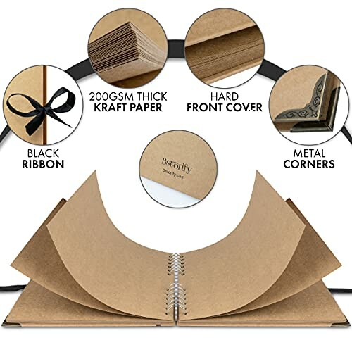 Kraft paper scrapbook with hard cover and metal corners.