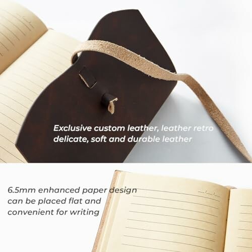 Open leather notebook with flat design, showcasing pages for writing.