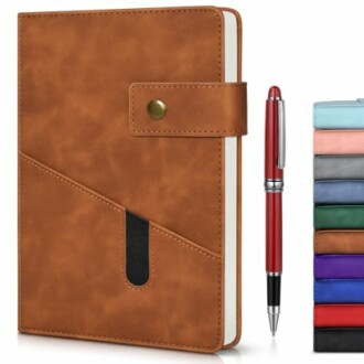 Brown leather notebook with pen and various color options.