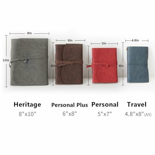 Four leather notebooks in different sizes: Heritage, Personal Plus, Personal, and Travel.