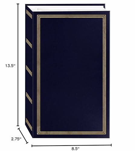 Navy blue photo album with gold trim and dimensions labeled.