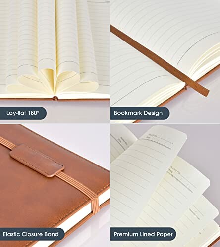 Notebook with lay-flat design, bookmark, elastic band, and premium lined paper.