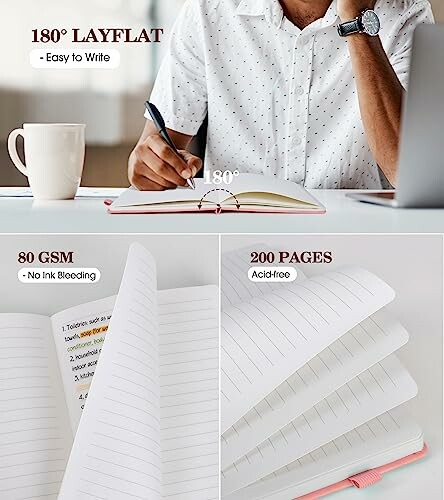 Person writing in a 180-degree layflat notebook with 80 GSM, 200 pages.