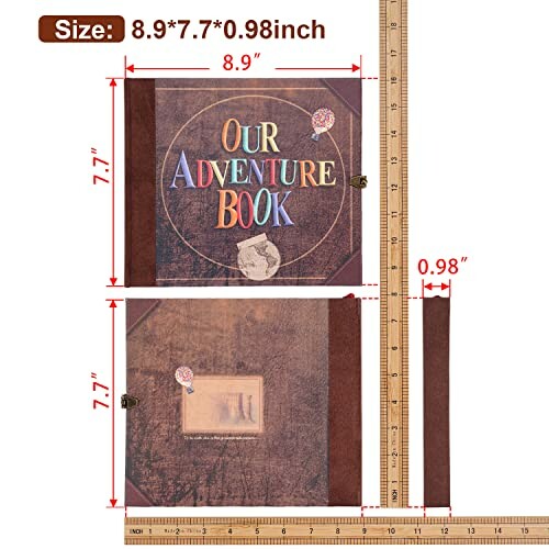 Dimensions of 'Our Adventure Book' with ruler, showing 8.9x7.7x0.98 inches.