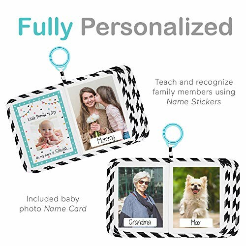 Personalized family photo book with name stickers and baby photo card.