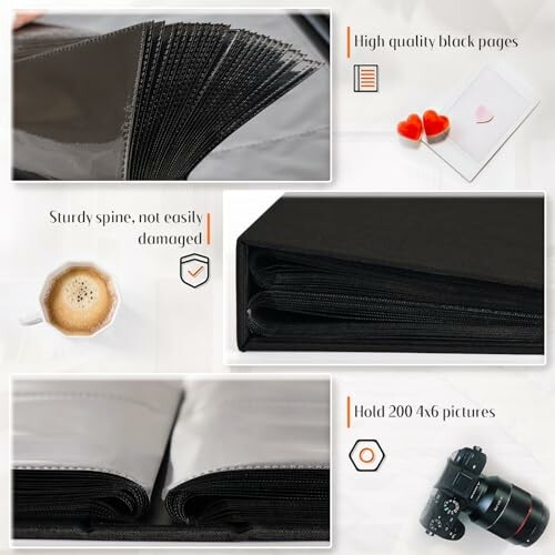 Black photo album pages with sturdy spine and photo capacity.