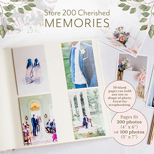 Open photo album displaying wedding photos and text about storing 200 memories.