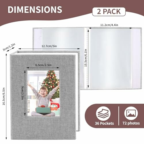 Photo album dimensions and features, 2 pack, with 36 pockets for 72 photos.