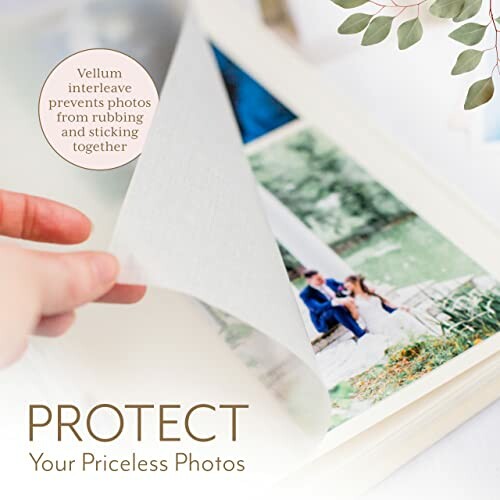 Hand turning vellum page in a photo album with a wedding photo.