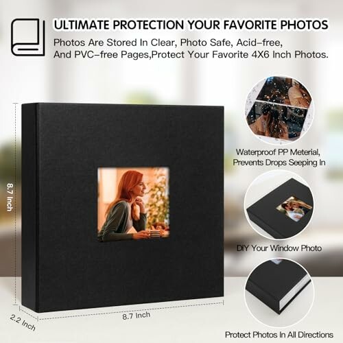 Black photo album with window photo, showing dimensions and features like waterproof and acid-free pages.