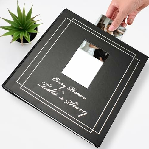 Hand placing a photo into a black photo album with a small potted plant nearby.