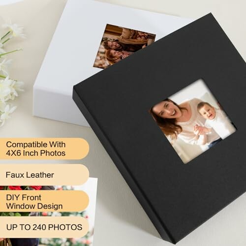 Black and white photo albums with customizable window design, compatible with 4x6 inch photos, faux leather, holds up to 240 photos.