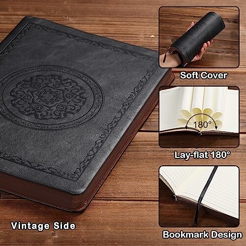 Vintage journal with soft cover, lay-flat design, and bookmark.