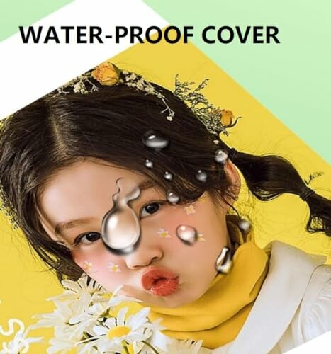 Girl with flowers and waterproof cover text.