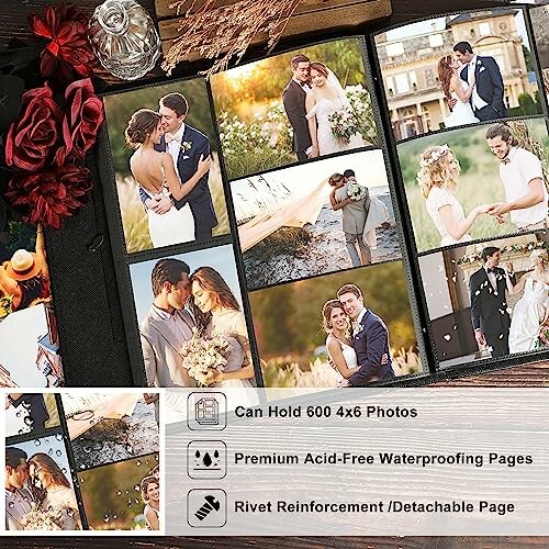 Collage of wedding photos in a photo album with features listed.